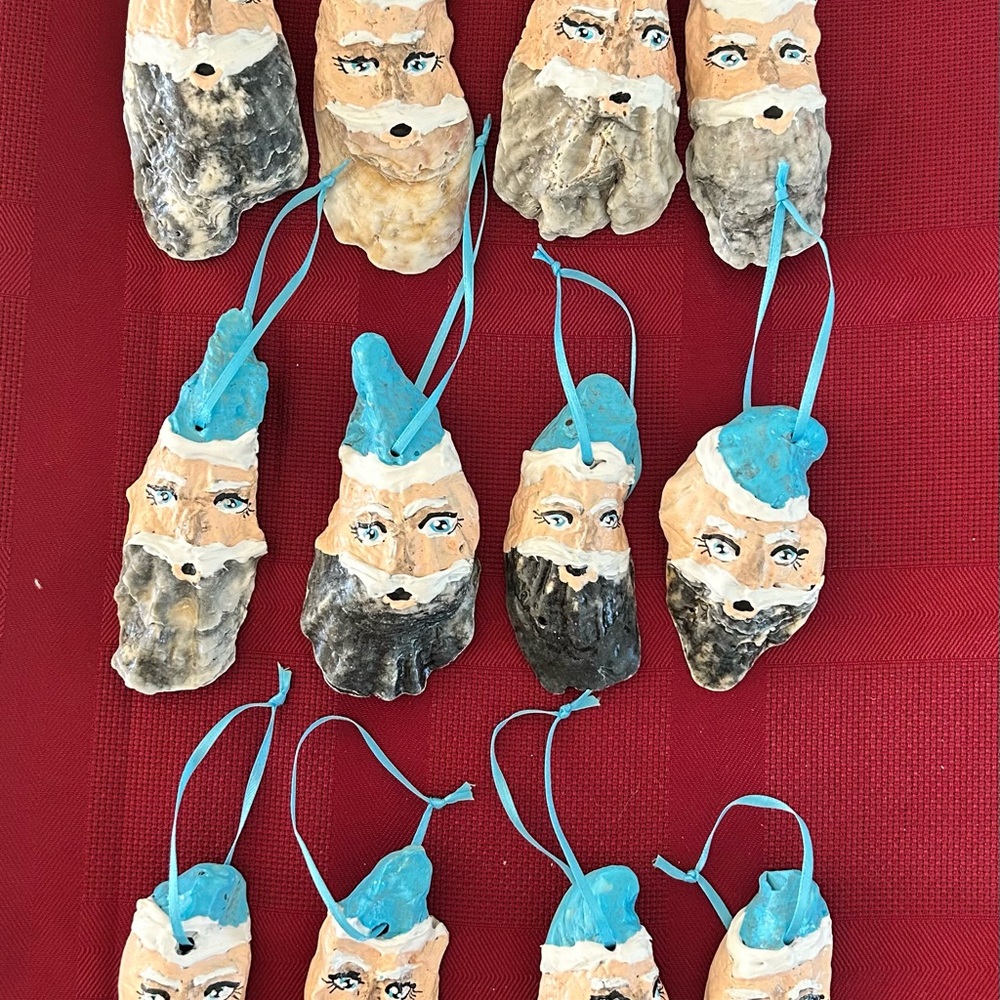 Hand Crafted Natural Oyster Shell Santa Ornaments in Blue and White  Set # 4